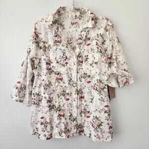 Eden & Olivia Button Up Shirt Women's XL Cotton Tan Pink Floral Cottagecore Boho